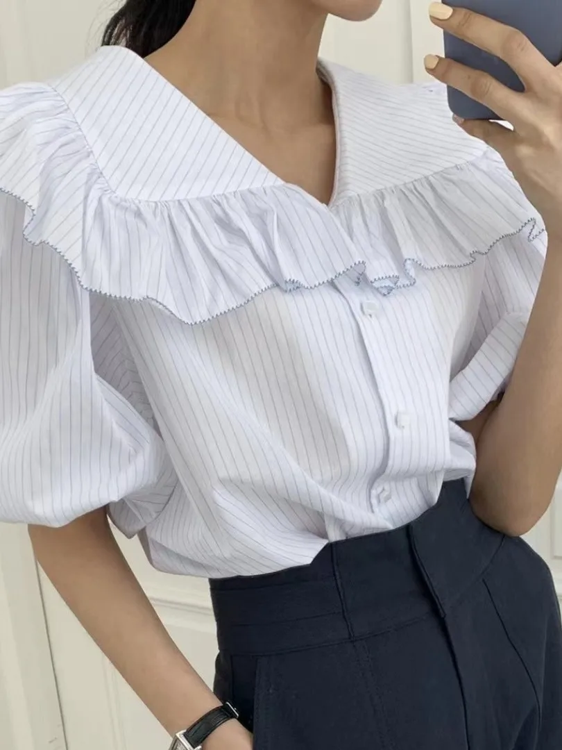 

Chic Summer Loose Navy Collar Splice Bubble Sve irt with Ruffle Hem Simple Ele Single Button Women's Faion Top