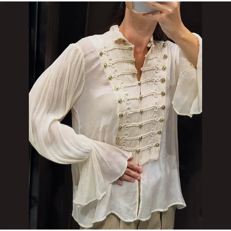 Vintage Gothic Damenbluse mit Goldmetallknöpfen, gerüschte, ausgestellte Bluse für Frauen, langärmeliges Chiffonhemd, lockere Oberteile – Detail 2