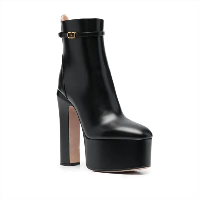 

Woman Autumn Winter High-Heeled Platform Leather Boots New Thick Heeled Pointed Toe Side Zipper Ankle Black Boots