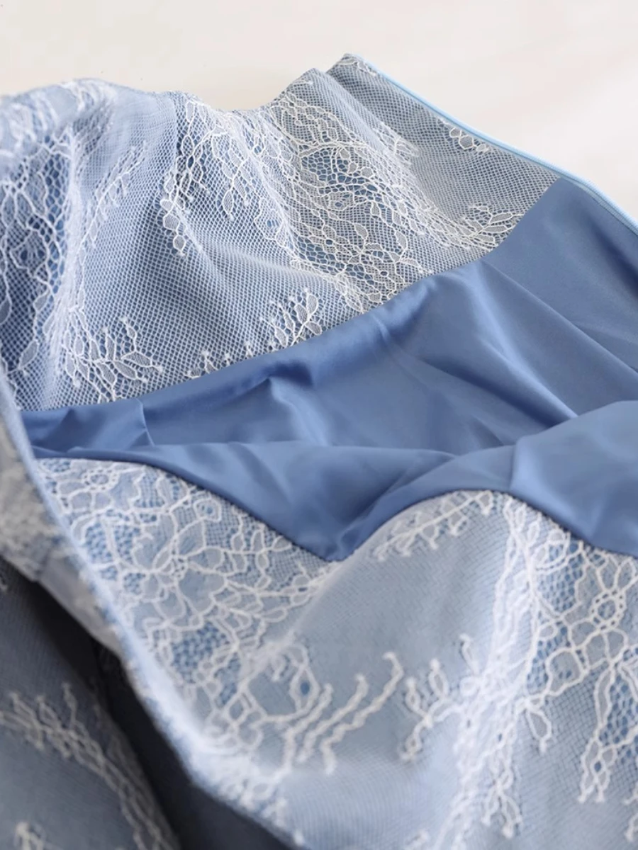 CHICEVER – jupe brodée épissée de couleur bleue pour femmes, tunique taille haute, élégante, Vintage, pliable, ligne A, Style d'été