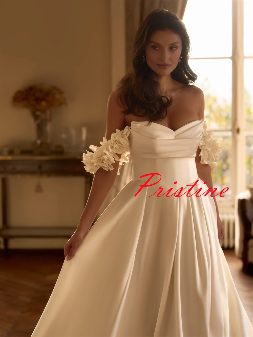Abiti da sposa in raso bianco personalizzati Temperamento senza spalline con spalle scoperte Abito da sposa Cappella treno Abiti con cerniera sul retro