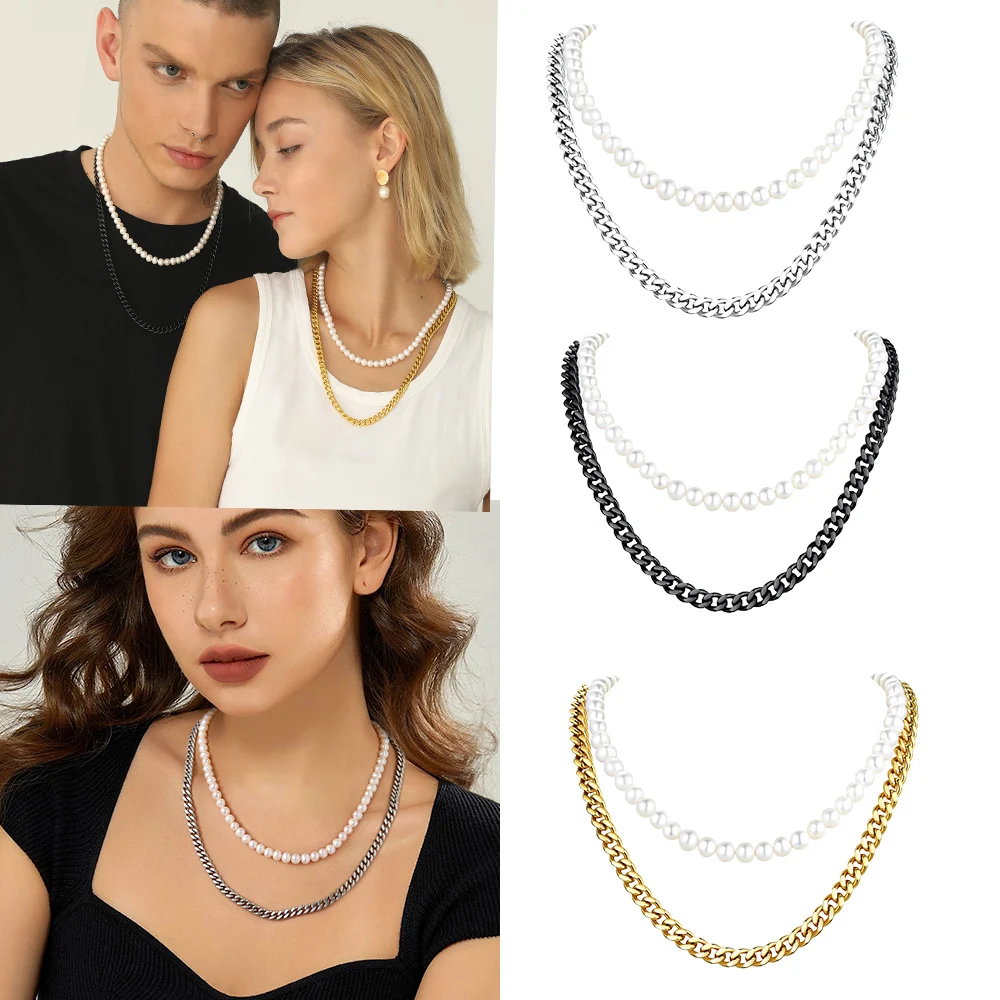 

Stainless Steel Ladies New Pearl Rope Chain Double Necklace for Men Women Pearl Necklace Jewelry Anniversary Wedding Gifts