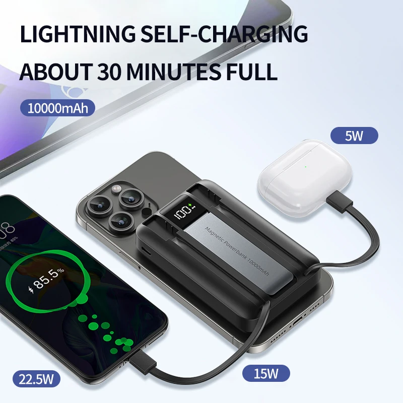 

22.5W PD 3 In 1 Foldable Magnetic Power Bank For All Phones 10000mAh Wireless Charger Qi2 Certified Fast Charge MagSafe Portable