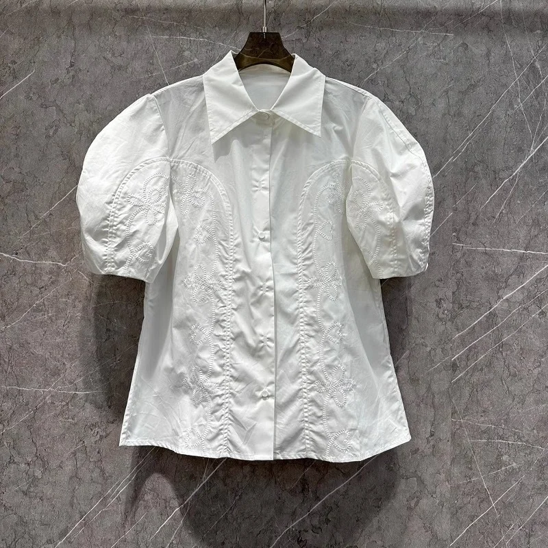 

100%Cotton Shirt 2024 Summer Fashion White Shirt High Quality Women Turn-down Collar Exquisite Embroidery Short Sleeve Shirt