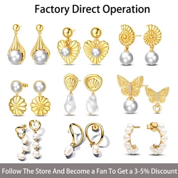 100% 925 Sterling Silver Pearl Pendant Gold Plated Earrings for Women Shiny Zirconia Luxury Wedding Engagement Jewelry Gift