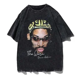 Hip Hop Streetwear Men Dennis Rodman T Shirt Rapper Print T-Shirt Washed Short Sleeve Harajuku Tee Tshirt  Portrait Graphic