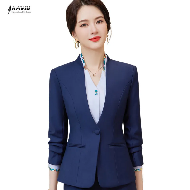 NAVIU Slim Blazer For Women 2024 New Fashion Office Ladies Long Sleeve V Neck Single Button Blazer Chic Jacket Coat