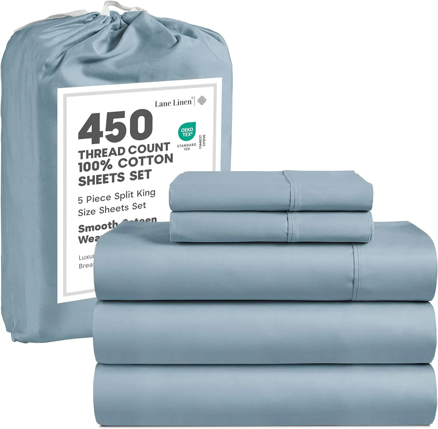 

450 Thread Count Split King Sheets Set for Adjustable Beds, 100% Cotton Sateen, Oeko-Tex Certified, Machine Washable - French Blue