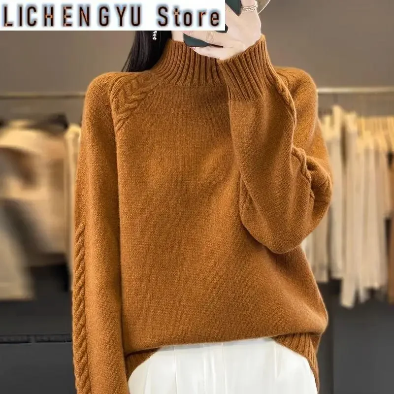 

High-neck Autumn Winter Screw Thread Solid Color Pullover Long Sleeve Sweater Knitted Women's Clothing Aesthetic Commute Tops
