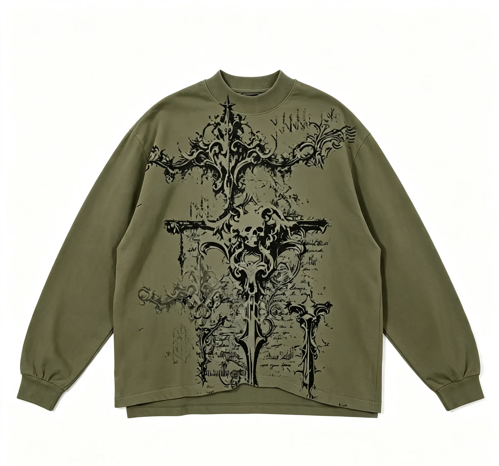 2026 Y2K Grunge Gothic Cross Fake Two‑Piece Long Sleeve T‑Shirt,Distressed Baroque Print Loose Streetwear Tops for Men Women