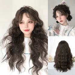 24Inch Brown Color Synthetic Wigs Middle Part Long Natural Wavy Hair Wig For Women Daily Use Cosplay Drag Queen Heat Resistant