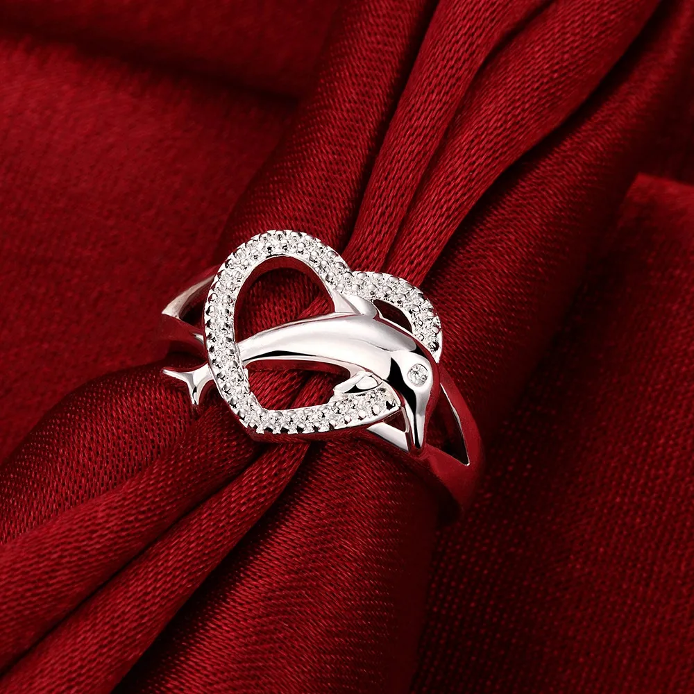 

High Quality 925 Sterling Silver Fine Love Dolphins Heart Rings For Women Couple Gifts Fashion Party Charm Sweet Wedding Jewelry