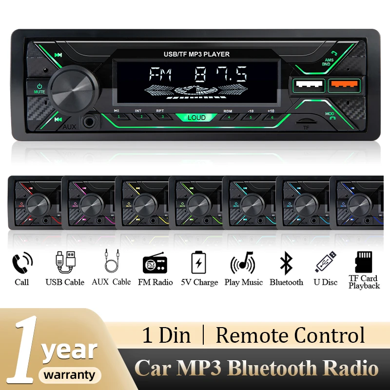 Hippcron Car Radio 1din Audio MP3 Player Bluetooth Stereo FM Receiver With Colorful Lights AUX/USB/TF Card In Dash Kit