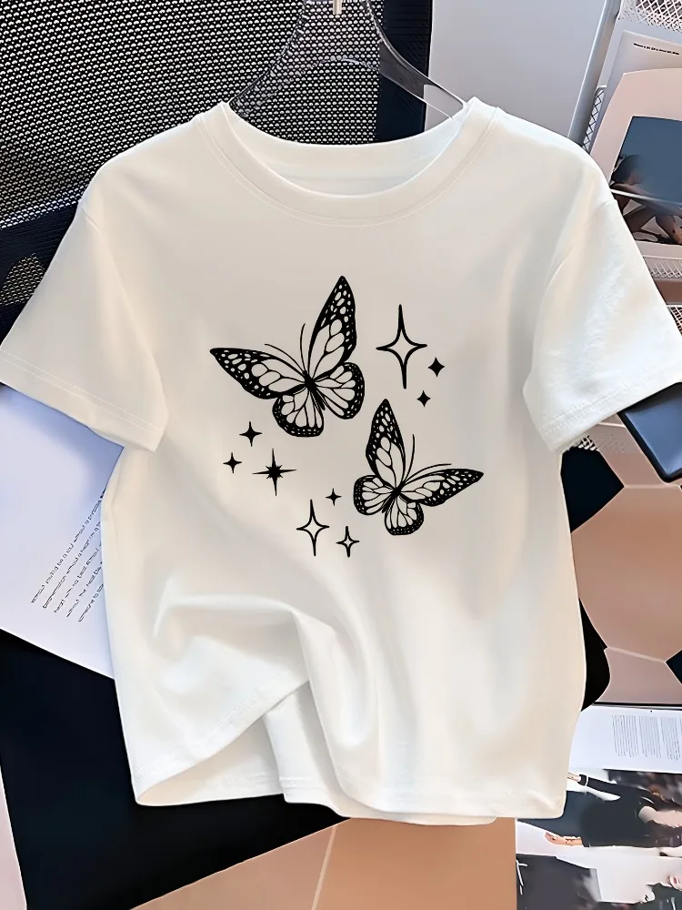 

Женская повседневная футболка с короткими рукавами и принтом черной бабочки и звезды, свободный круглый вырез, универсальный и модный топ