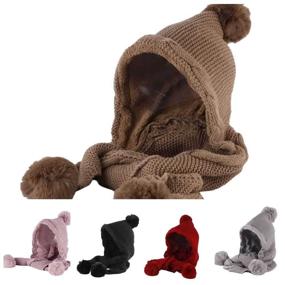 Милая вязаная шапка, шарф, комплект, грелка для шеи, защита ушей, женский шарф с капюшоном, корейский стиль, утепленный шейный платок, осень