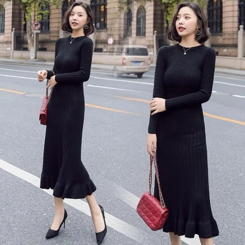 Women's Knitted Long Knee-Length Fish Tail Dress Autumn Winter Slim Fit Underdress Base Layer Top Bottom Half Skirt E12795