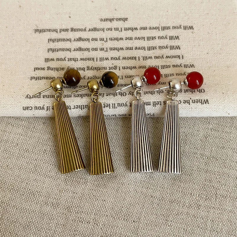 

Maillard Tiger's Eye Agate Stud Earrings for Women Long Fan-shaped Pendant 925 Silver Needle Dangle Earrings 2025 Trendy Jewelry