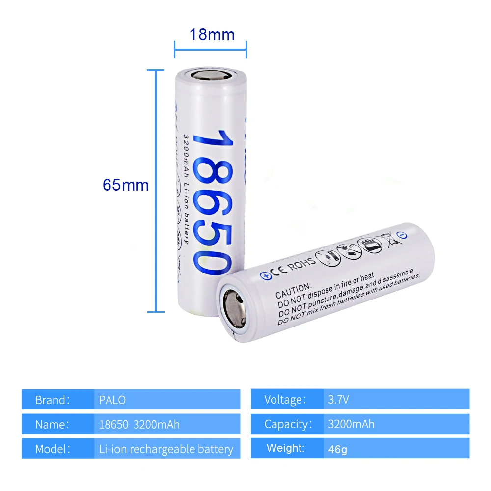 PALO 100% Original 18650 Battery 3200mAh 18650 Lithium Rechargeable Batteries 9A Discharging Flat Head for Flashlight LED Lights