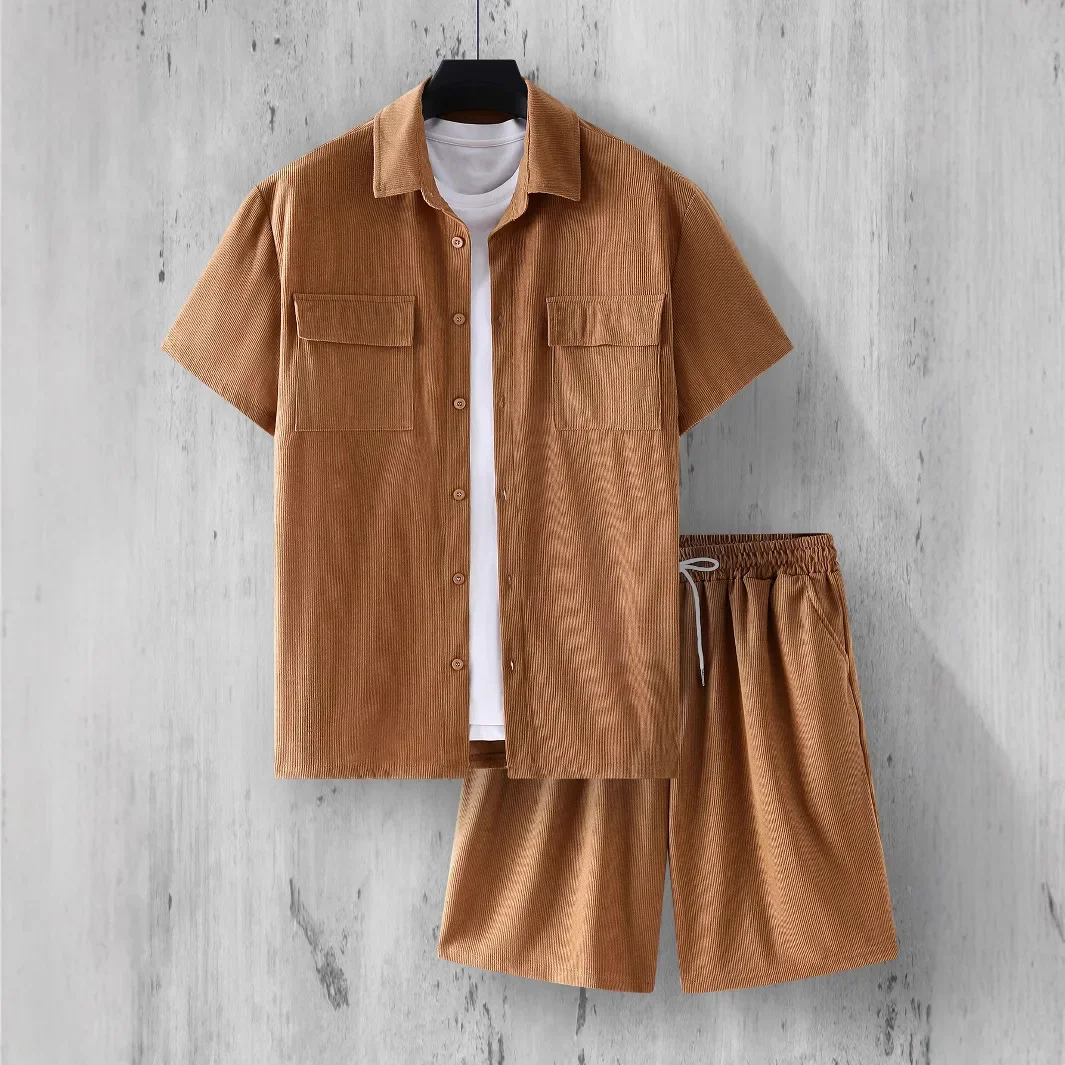 

Summer Men Casual Short Sleeve Set Corduroy Shirt Sportswear Outfit Fashionable Male Clothing