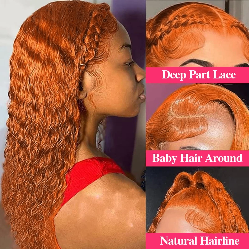 38 بوصة الزنجبيل البرتقال موجة المياه الدانتيل الجبهة باروكة من شعر طبيعي 13x4 13x6 موجة عميقة الدانتيل الباروكة الأمامية شعر بشري مجعد 200 الكثافة