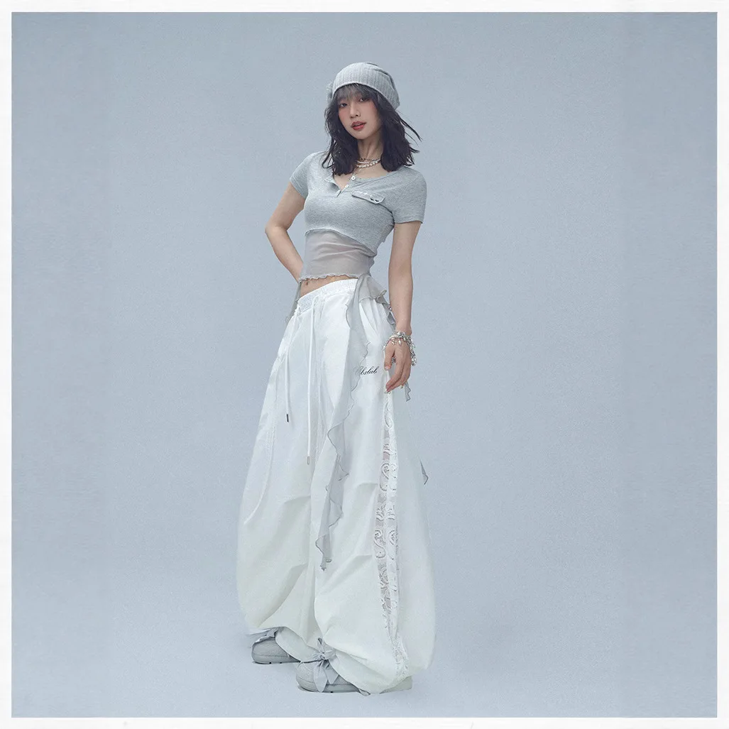 American Street Dance Summer Curved Knife Pants Women's Lace Patchwork Jazz Sports Pants Hip-hop Wide Leg Pants