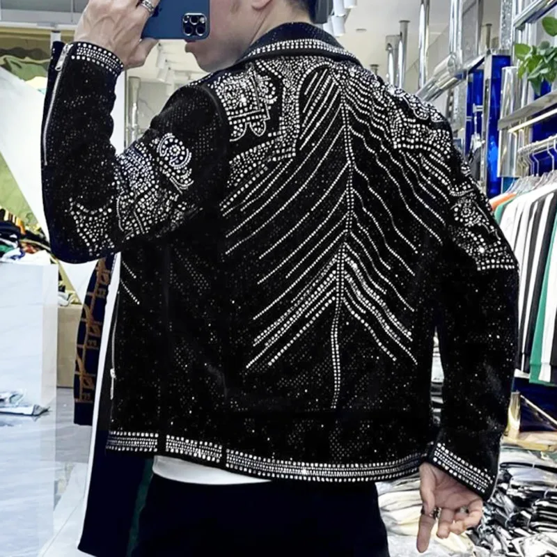 Luxury Hot Drill Jacket Men Jaqueta Bomber Diamond Men Jacket Coat Fashion High Quality Rhinestones Punk Club Outfit Slim Jacket