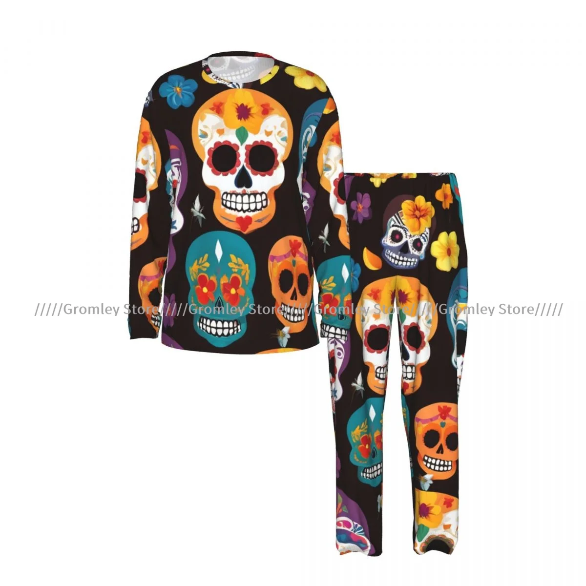 Men's Pajama Set Long Sleeve and Long Pants Colorful Sugar Skulls Soft Sleepwear for Home