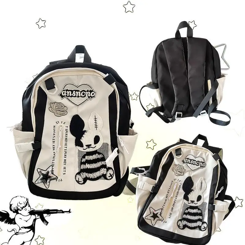 Bomo Y2K Damen Rucksack Gothic Kaninchen Patch zurück zur Schule Anime Rucksäcke für Damen vielseitige lässige High Street Designer Tasche