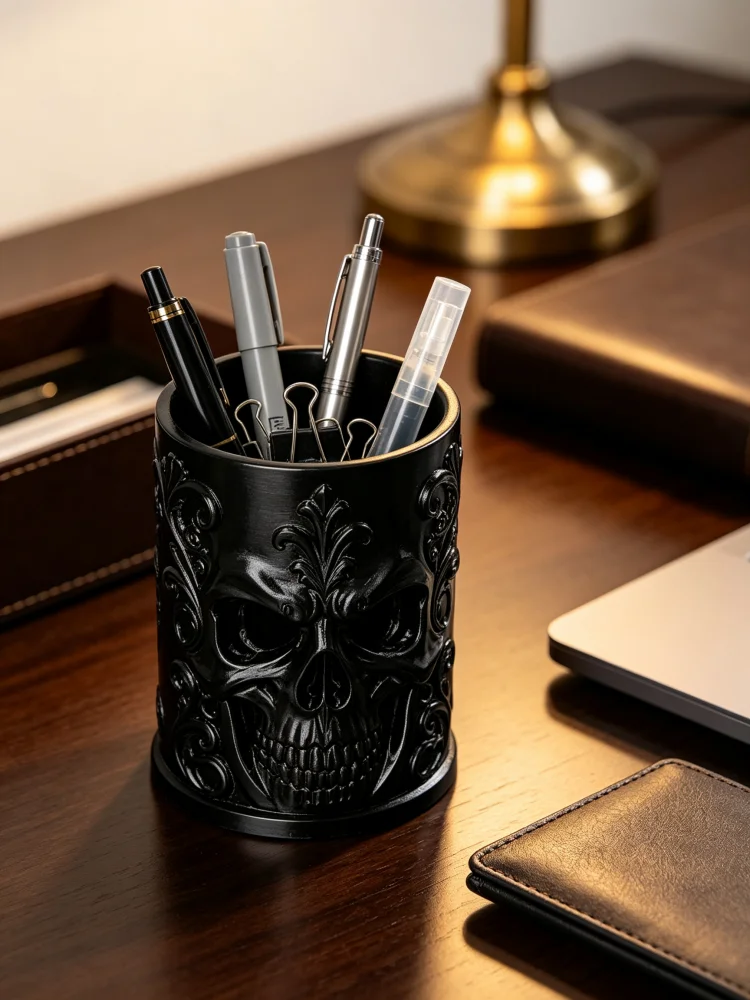 Gothic Aesthetic Skull Sculpture Pen Holder, Vintage Luxurious Carved Pen Cup, Hollow Skull Relief Craft with Embossed Patterns, Desktop Storage Box, Made of Pure Black Petg Durable Plastic, Stable Wide Base, Desktop Organizer for Office and Study, Makeup Brush Holder, Halloween Desktop Decoration, Punk Dark Room Decoration, Creative Gift