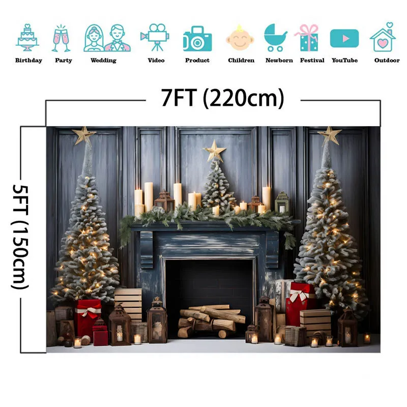 Xmas Fireplace Backdrop Photography Blue Retro Wooden Door Christmas Tree Gift Decor Props Kids Portrait Photo Background Studio