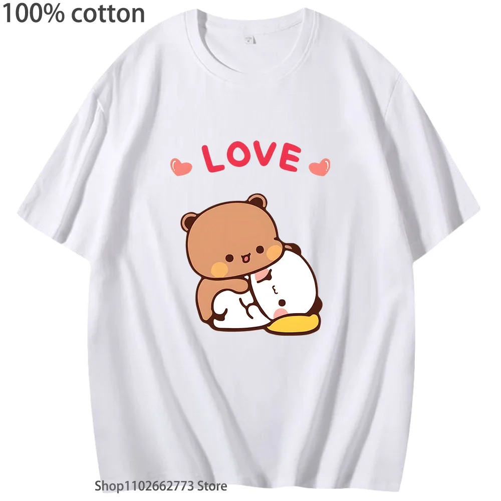 

Футболки с рисунком Bubu Dudu Hugs Love, рубашка с милым медведем панды для девочек, повседневные футболки из 100% хлопка с кавайным принтом, женская одежда, мужская одежда