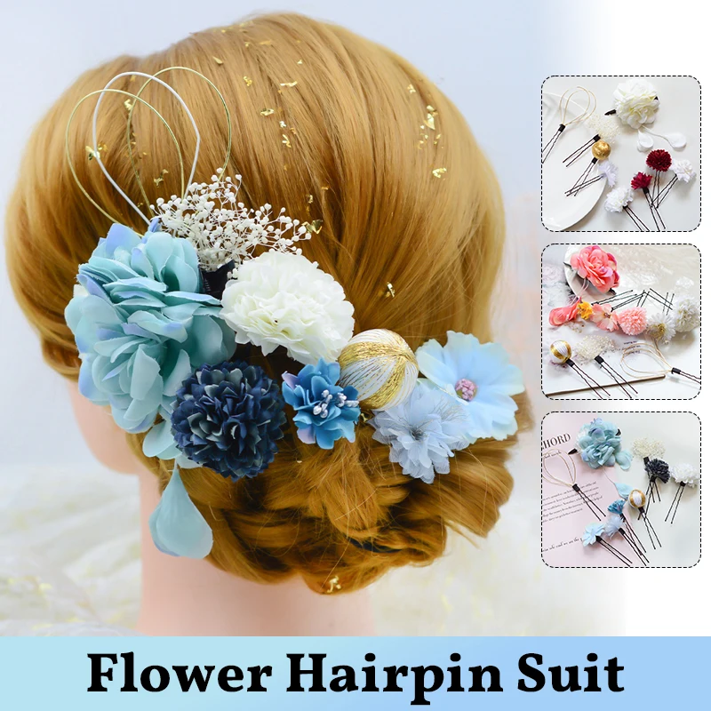 

Японская заколка для волос ручной работы в стиле кимоно с цветами и кисточками, головной убор гейши, шелковый цветочный шар, аксессуары для волос для свадьбы и фестивалей