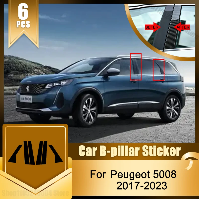 6PCS Glossy Black Pillar Post Fit For Peugeot 5008 2017-2023 Door Window B C Middle Column Mirror Trim PC Sticker Cover