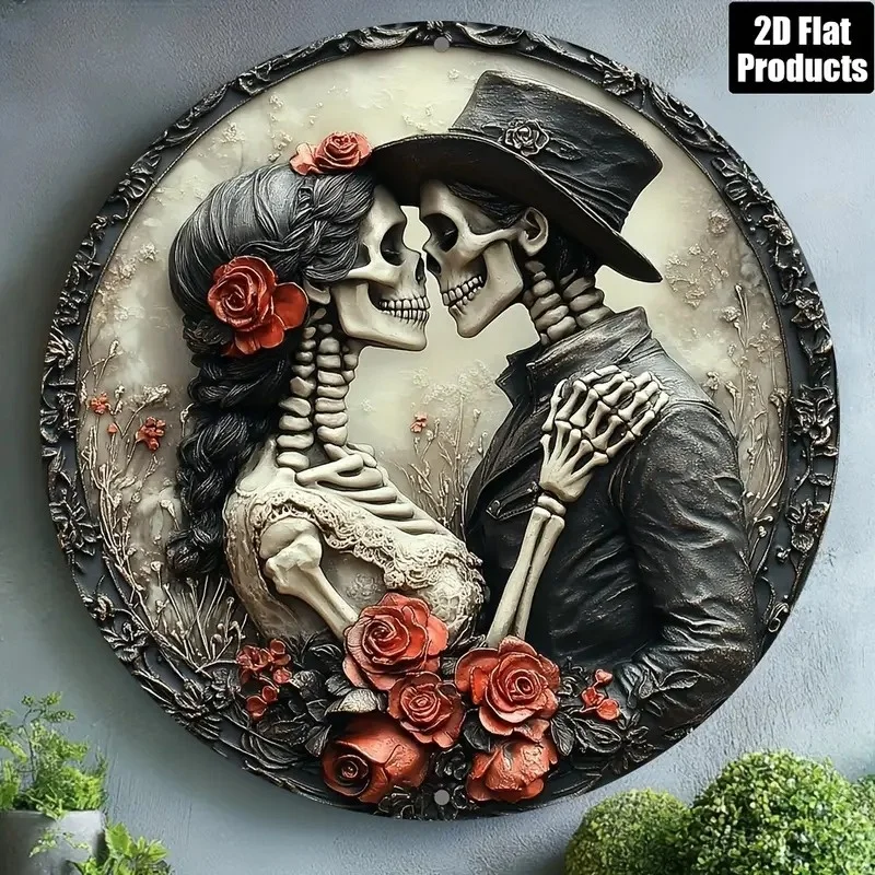 CIFBUY Vintage Gothic Skull Couple Metal Wall Art – 2D Flat Iron Circular Hanging Sign Bar, Kitchen, Cafe, Home Office, Outdoor