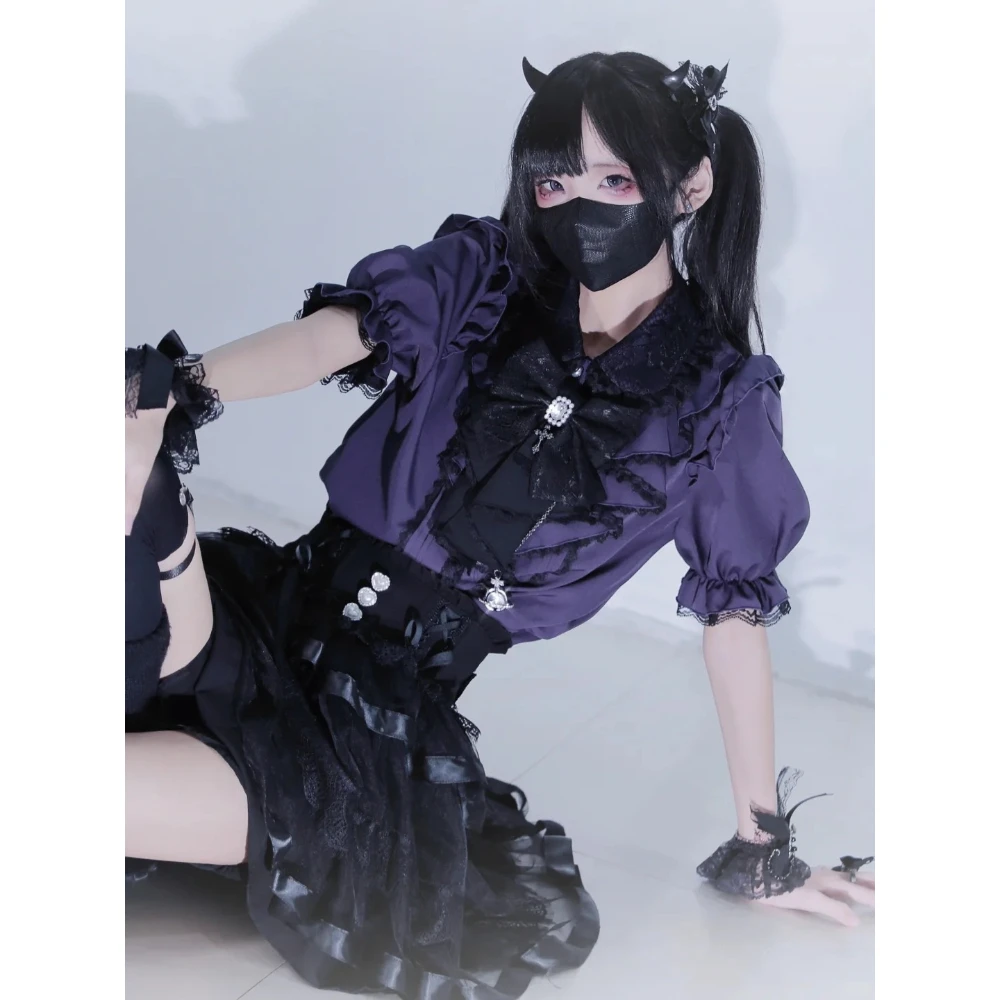 Japanese Lolita Blouse Women Purple Short Sleeve Ruffle Lace Bow Y2K Women Casual Top Retro Victorian Subculture 2026 Summer view 2