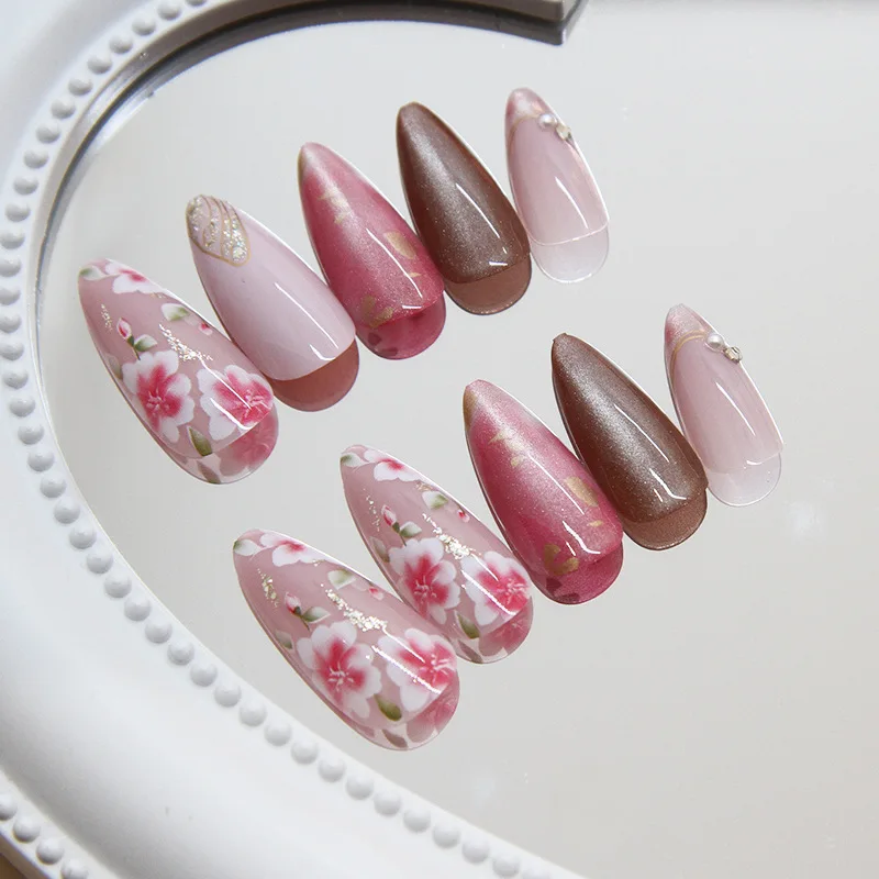 24PCS Long Almond Cat's Eye Fake Nails with Flower Design Gentle Round Nails Set Press on Nails Wearable Flash French False Nail