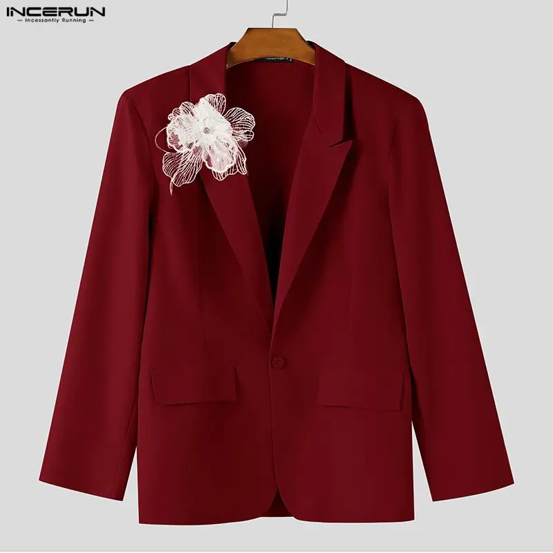 

INCERUN Men Blazer Flower Patchwork Lapel Long Sleeve One Button Male Suit Streetwear Elegant Fashion Casual Blazer Thin Coats