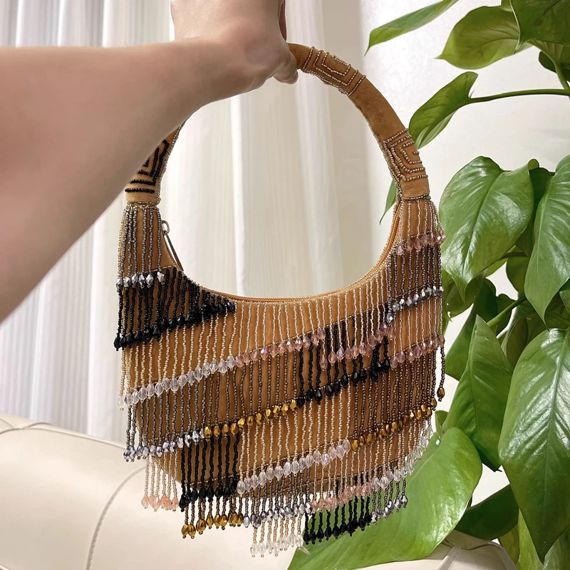 DOYUTIG Brand Indian handmade beaded tassel handbag beaded sequined one-shoulder underarm suede crescent handbag N027