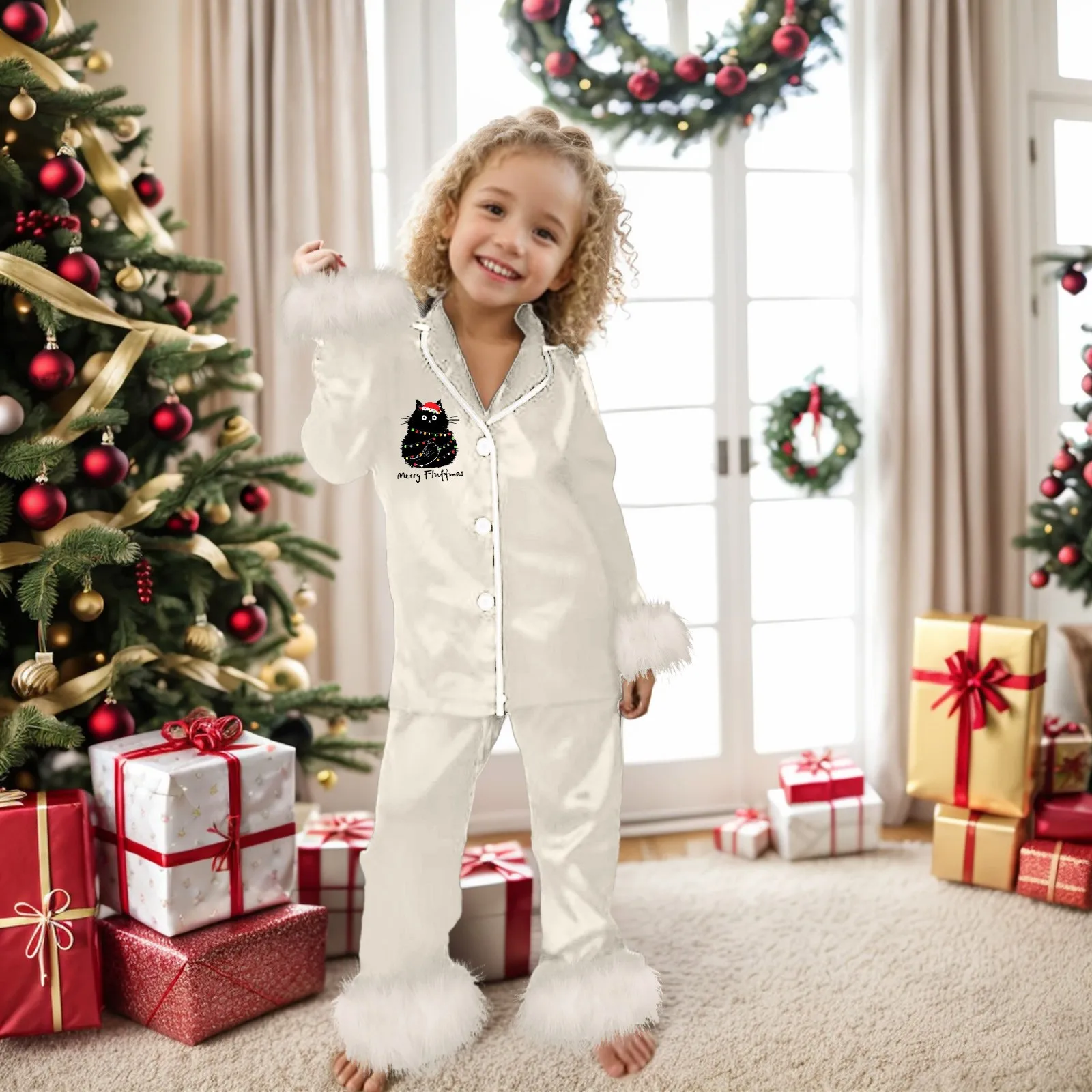 

Kids Christmas Print Pajamas Sets Children's Satin Silk Pyjamas Winter Christmas Pjs for Girls Boys Homewear Sleepwear Nightwear