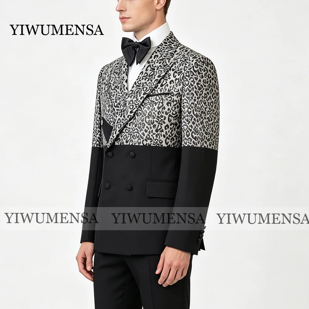 Male Fashion Suits Leopard Printed Spliced Blazers Customized Costume Homme Wedding Prom Tuxedo Groom Wear 2 Piece Jacket+Pants