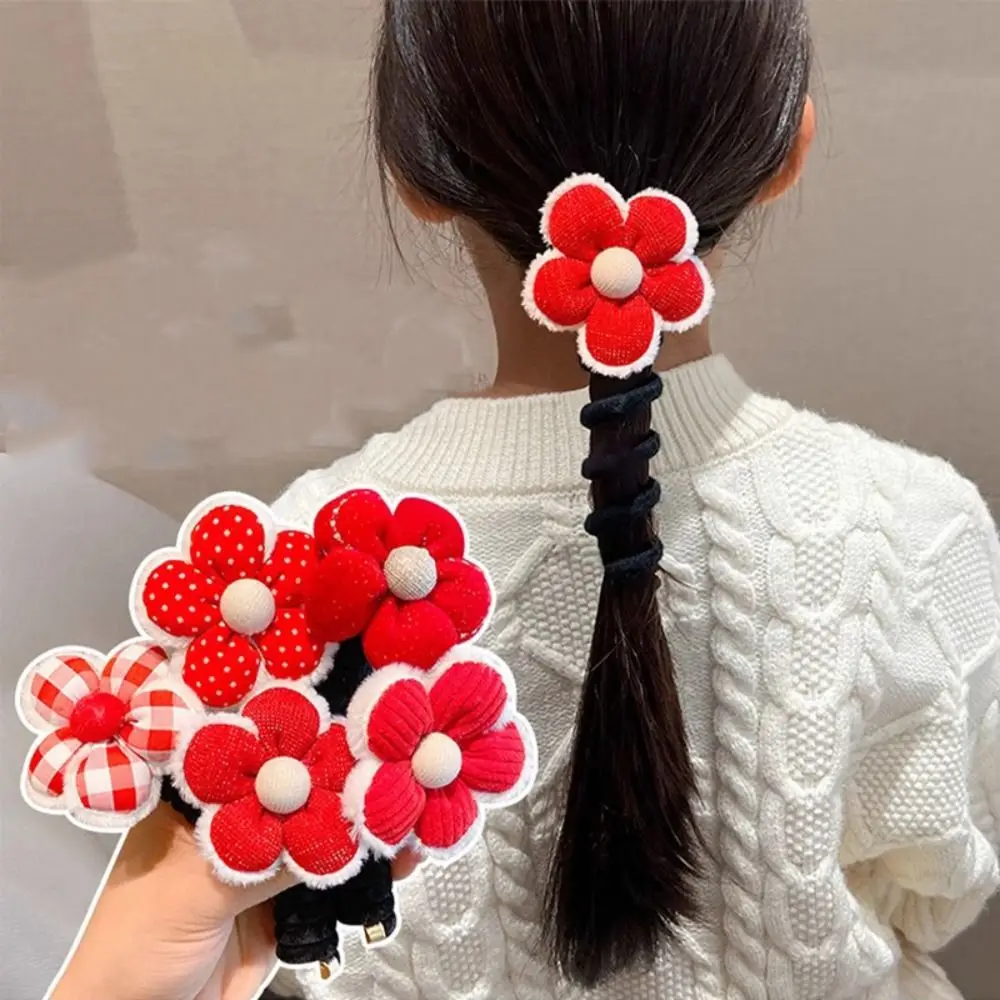 New Year Red Bow Hair Rope Flower Hair Bands Telephone Line Hair Rope Elastic Ponytail Holder Telephone Cord Hair Ring