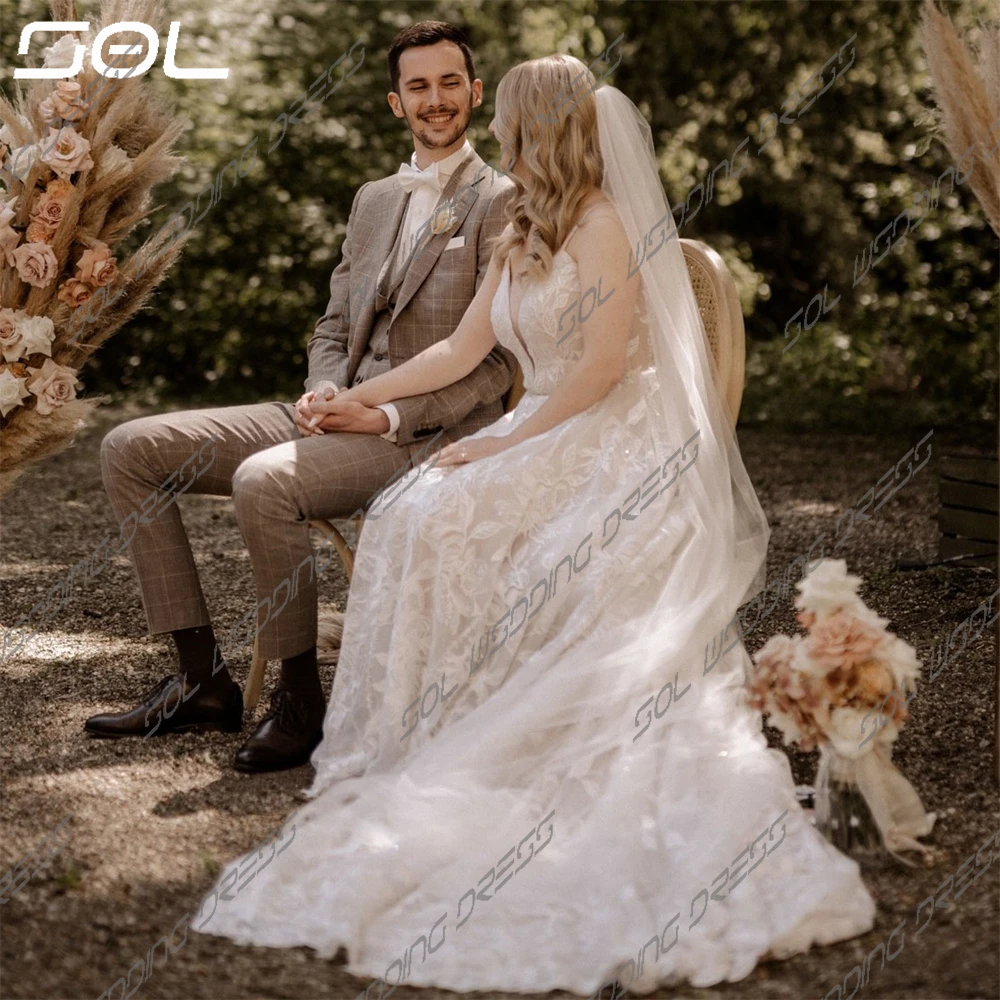 SOL BO00-robe de mariée en dentelle à col en V, bretelles spaghetti, appliques, élégante, dos nu, train de balayage, patients, tout ce qui est sexy, sur mesure