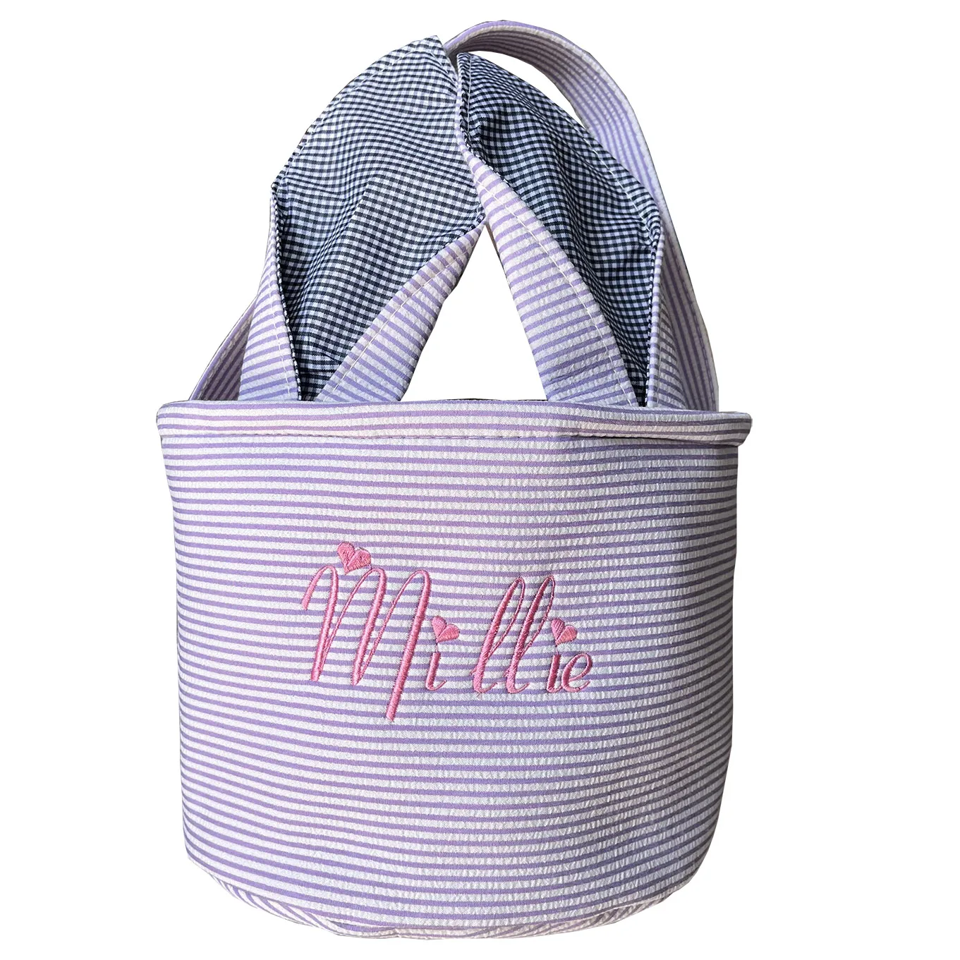 Personalised Embroidery Easter Baskets Seersucker Bunny Bag Easter Bucket Bags with Rabbit Ears Stripe Canvas Toys Bucket Tote