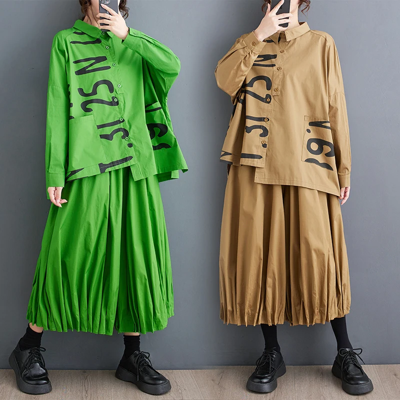 

Quali Cotton Asymmetric Letter Print irt And Wide Leg Pants Two Piece Set Faionable Loose Artistic Autumn Collection