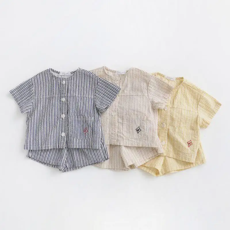 

2024 Summer New Children Short Sleeve Striped Set Boys Girls Casual Cardigan + Shorts 2pcs Suit Cotton Kids Versatile Outfits