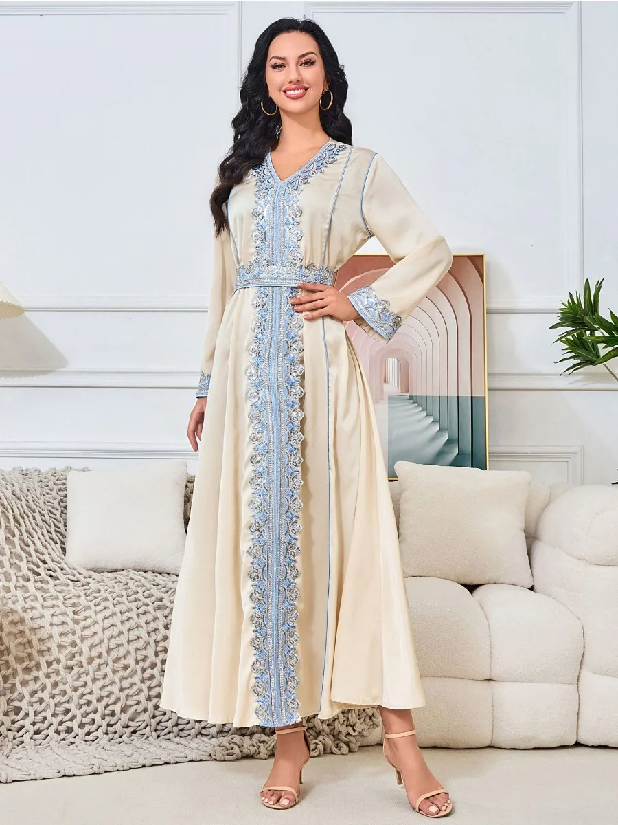 Eid Satin Party Dress for Women Muslim Abaya Embroidery Lace-up Jalabiya Party Dresses Morocco Vestidos Kaftan Long Robe 2024