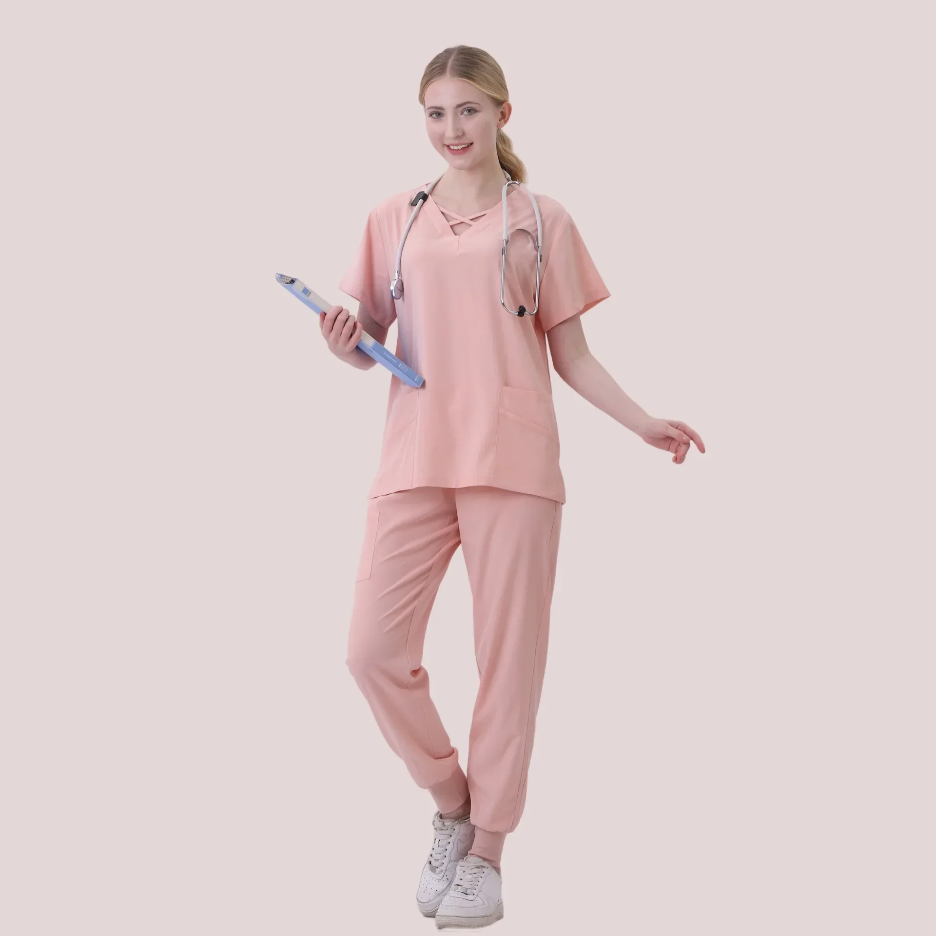 Uniforme médico de enfermería para mujer, traje informal de manga corta con cuello en V para correr, enfermera, farmacia, trabajo, venta al por mayor