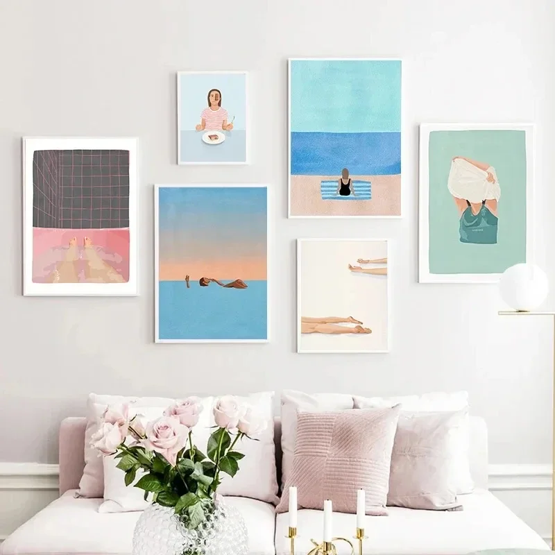 Pintura en lienzo, arte de pared, divertido abstracto, chica, salto, natación, taza de café, carteles de vino, creativo para baño, sala de estar, decoración del hogar