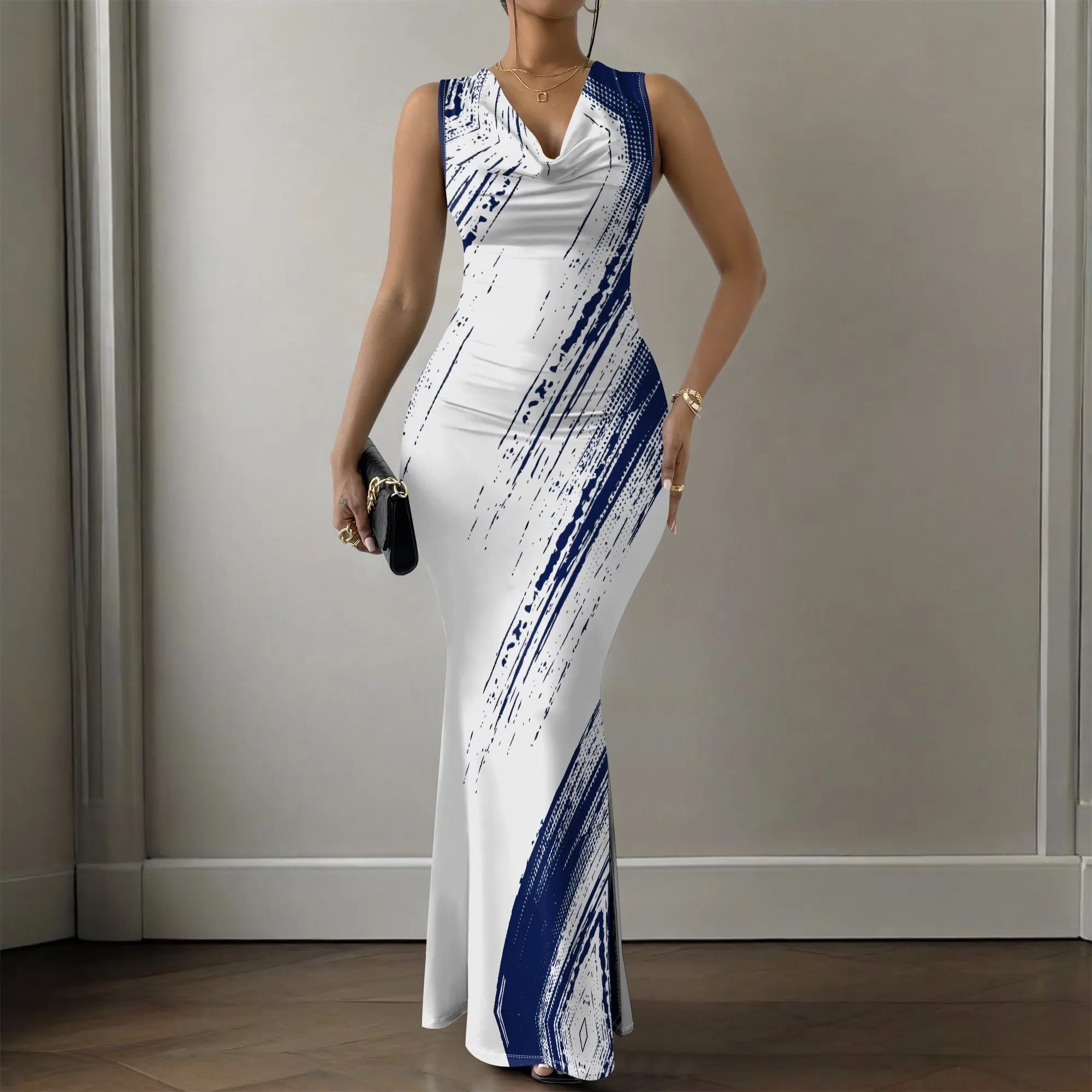 Vestido maxi feminino sem mangas com decote em V Branco Marinha Brush Stroke Print Vestido de festa bodycon de verão