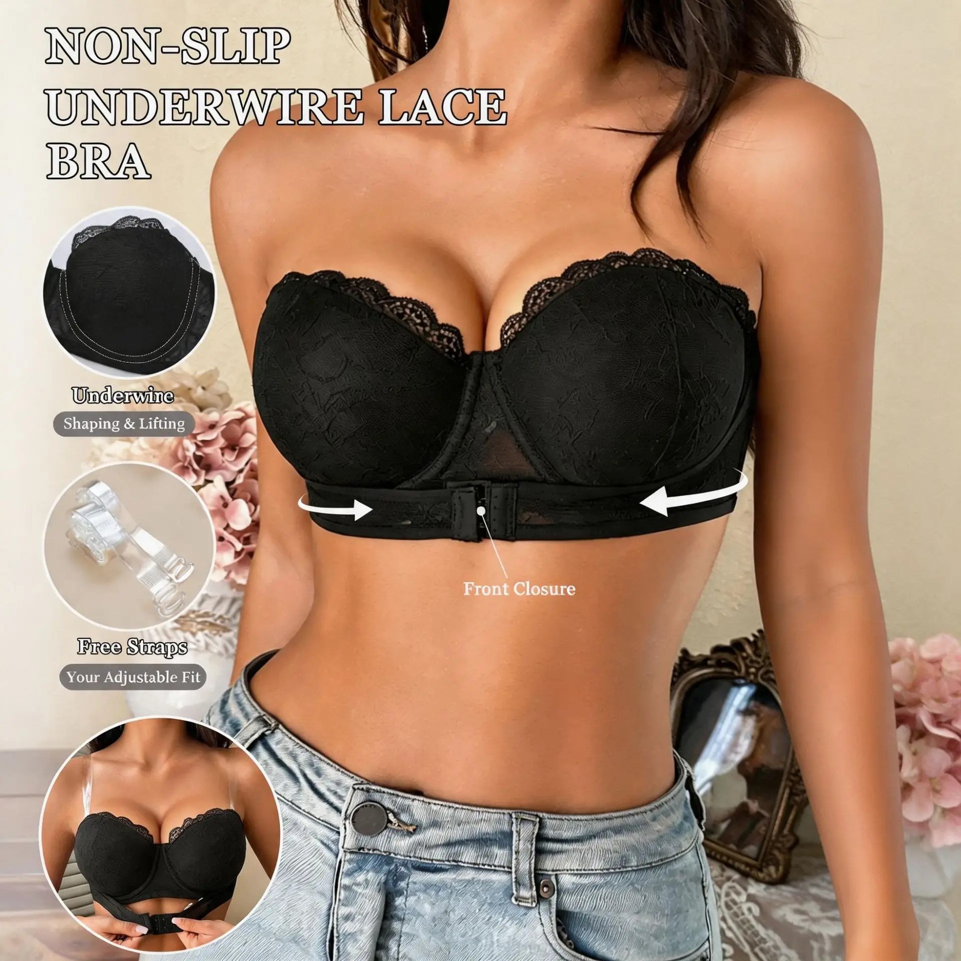 Women's Front‑Closure Strapless Lace Bra Removable Clear Strap Push‑Up Anti‑Slip 3/4 Cup Breathable Bandeau Wedding Brassiere